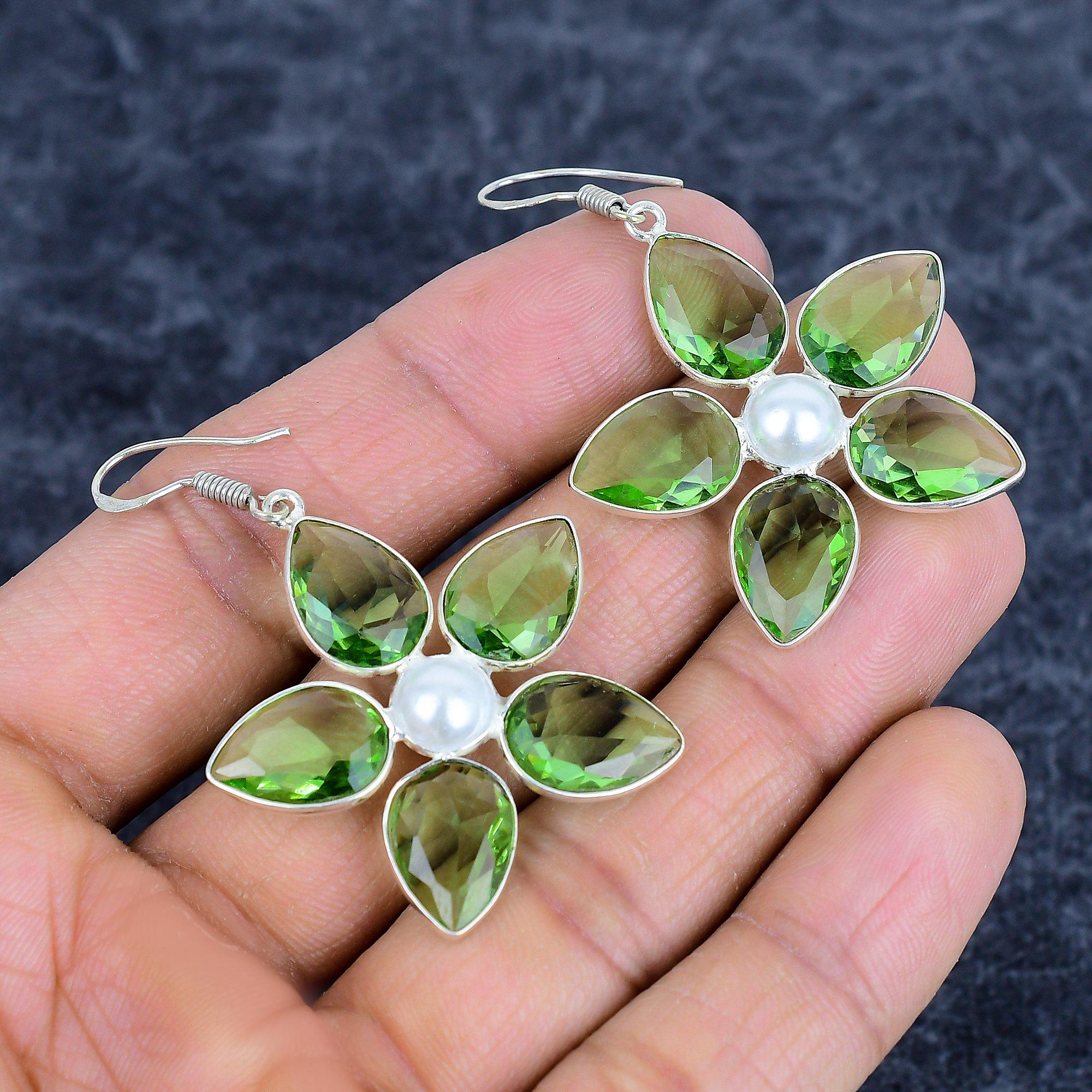 

Tsavorite, Pearl Gemstone Handmade 925Sterling Silver Jewelry Earring 2.17 M-3159