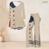 Women Plus Size Beige Printed Two Piece Set V Neck Long Sleeve Flared Top And Flared Pants
