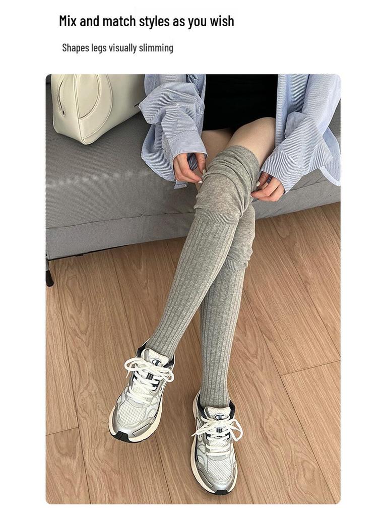 Lazy Style Over-the-Knee Women's Socks: Autumn/Winter White & Grey Scrunch, Thigh-High, Calf Boot Socks, Cotton, Japanese JK Style.