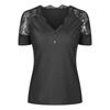 Dámské sexy tričko s hlubokým V-krajkovým límcem a krajkovým krátkým rukávem, slim fit top