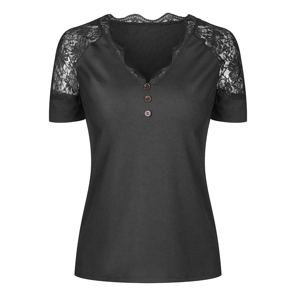 Dámské sexy tričko s hlubokým V-krajkovým límcem a krajkovým krátkým rukávem, slim fit top