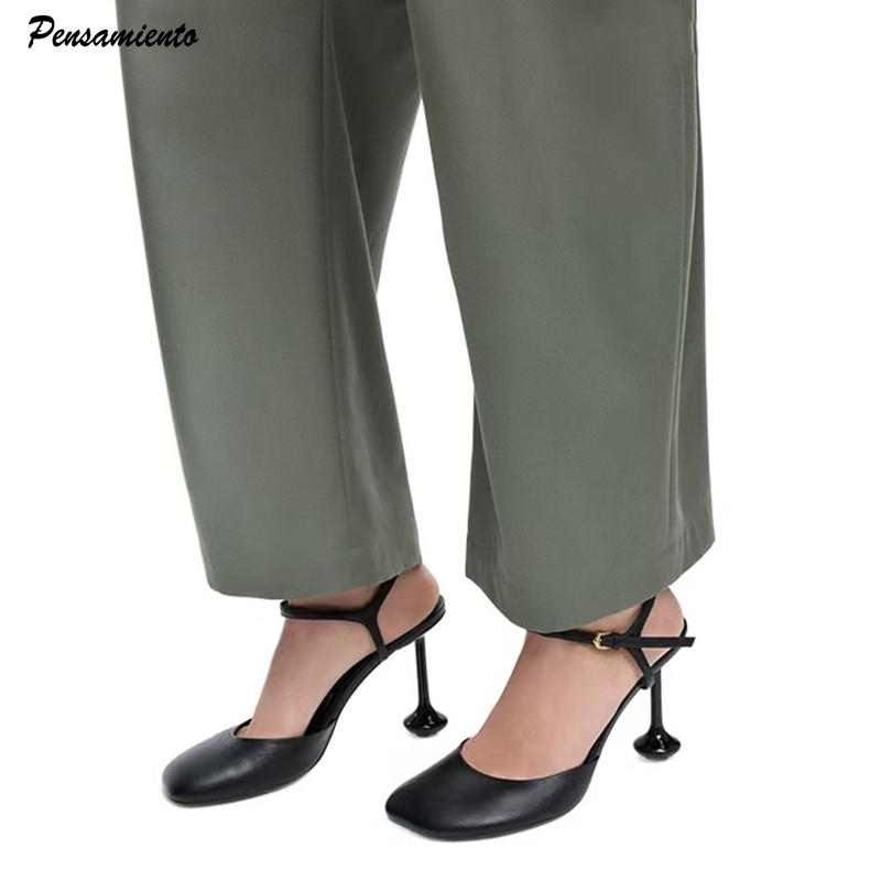 Mode Star Stil Mode Runde Zehenpartie Leder Damen Pumps Sexy Knöchelriemen Schnalle Büro Dame Dünne Hohe Absätze Sommer Party Kleiderschuhe