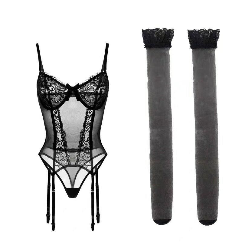 2024 Mesh Lace See-Through Lingerie Set: Asian-Inspired Slimming Camisole & Corset 3-Piece