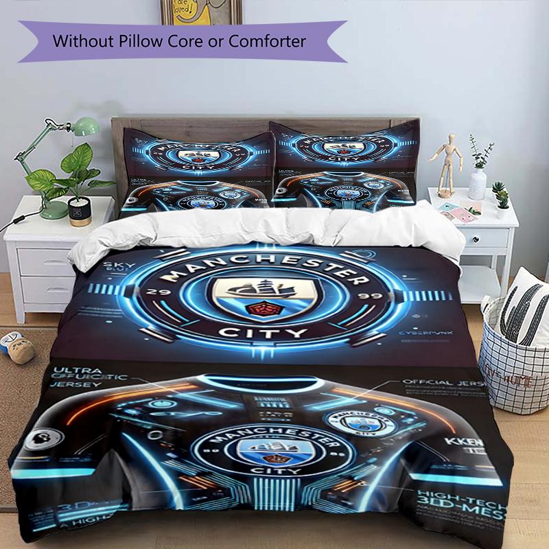 3pcs Duvet Cover Set (1*Duvet Cover + 2*Pillowcase, Without Core),Manchester City FC Print Bedding Set, Bedroom Decor, All‑Season, Birthday Gift
