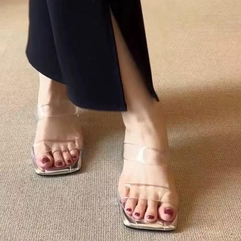 Módní křišťálové pantofle se speciálním podpatkem Léto Nové Čtvercová špička Otevřená špička Průhledný pásek Protiskluzové Odolné proti opotřebení Boty s podpatkem Kitten