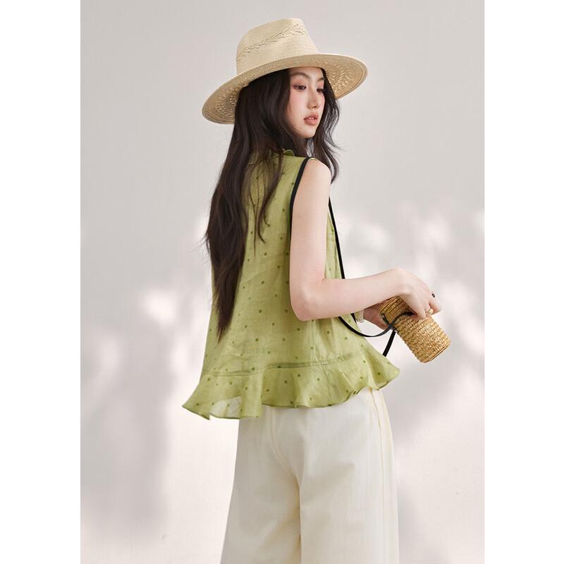 French Style Ramie Polka Dot Sleeveless V-Neck Blouse