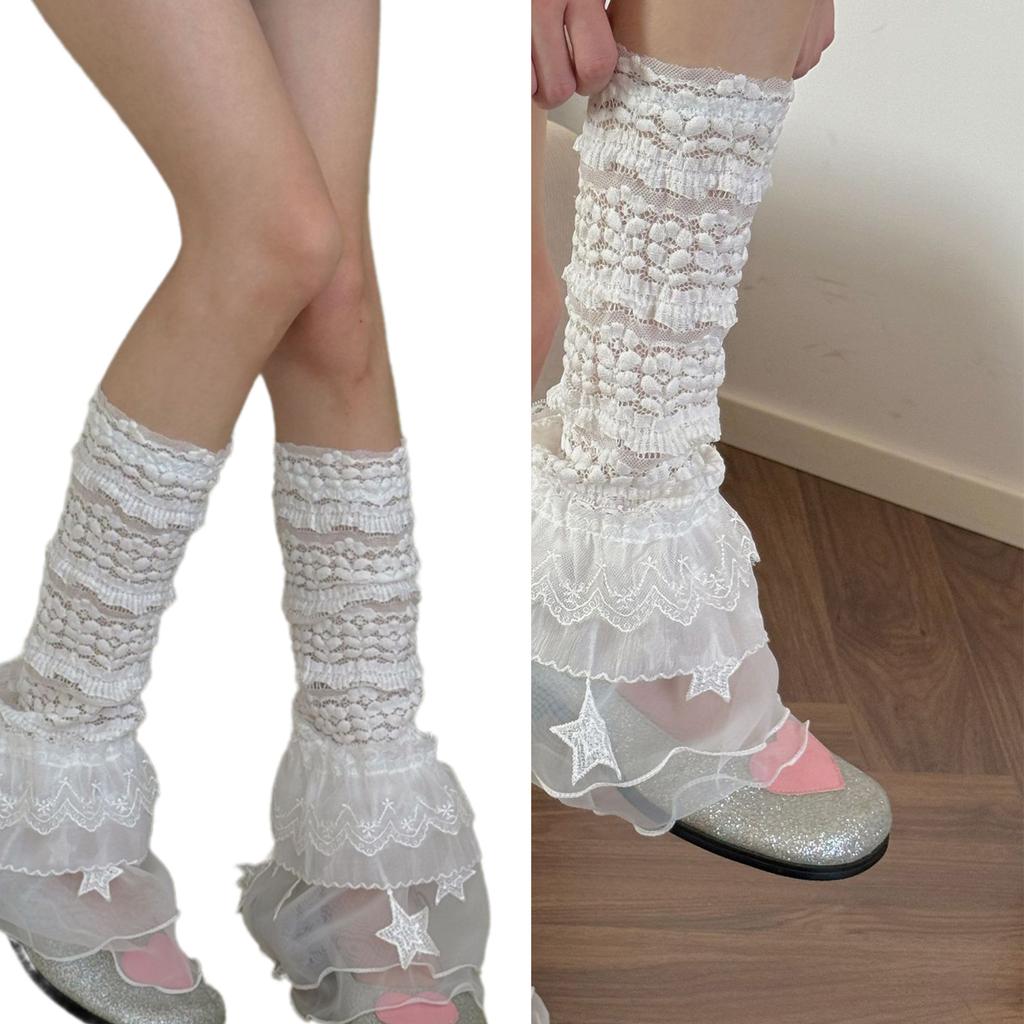 Women Ruffle Lace Leg Warmer Sweet Knee Highs Socks Mesh Flared Leg Socks Princess Leg Sleeves Halloween Costumes