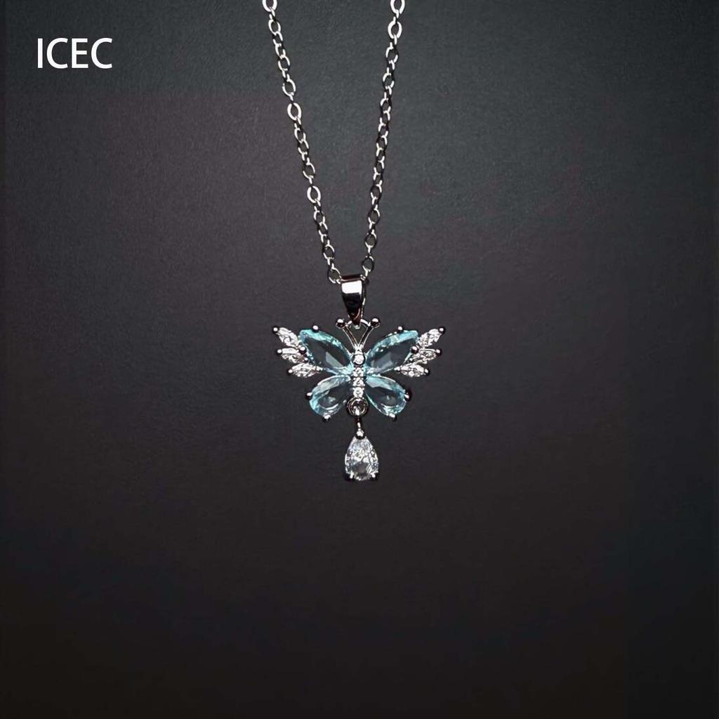 Vintage The Cerulean Dreamwing Ice Blue Butterfly Necklace Niche Versatile Clavicle Chain
