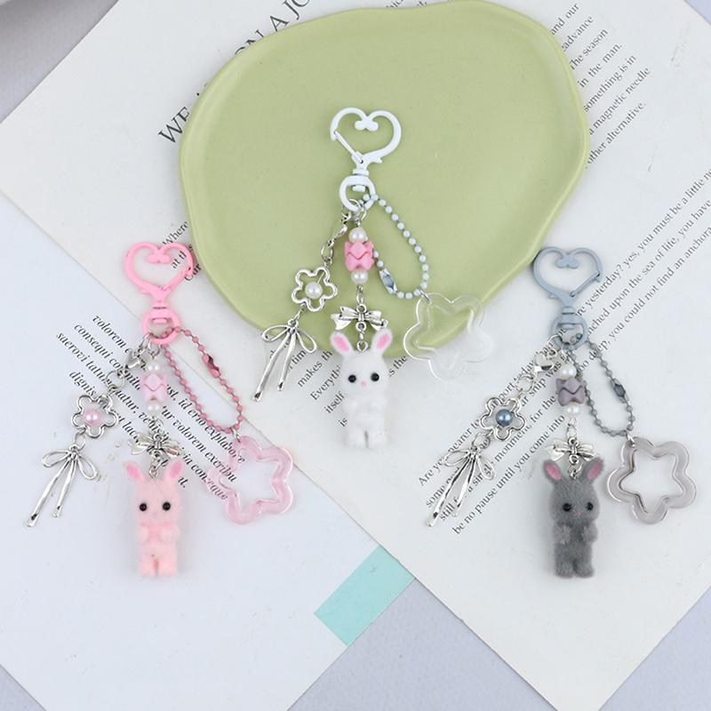 Kawaii Cute Rabbit Keychain  Cartoon Flocking Animal Pendant Keychain Exquisite Backpack Decoration Accessories Gifts
