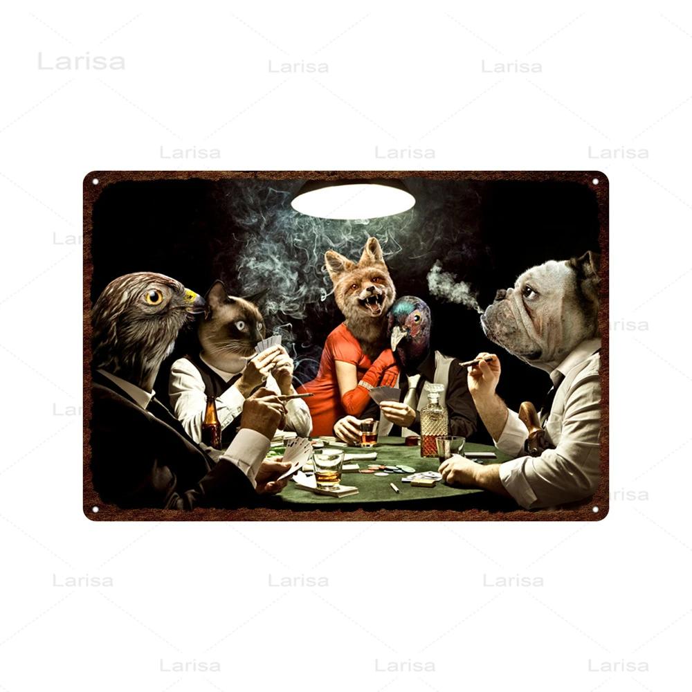 Dogs Playing Poker Game Metal Plaque Animals Playing Billiards Tin Sign Garage Club Wall Pub Tin Sign Vintage Metal Posters
