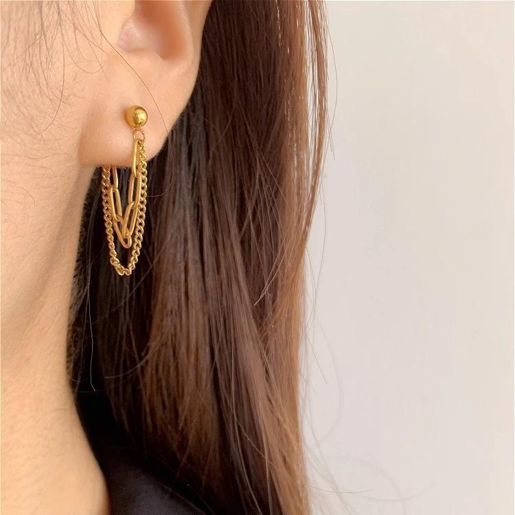 18K Gold-Plated Double Layer Chain Back-Hanging Stud Earrings for Women, Titanium Steel, European and American Style.