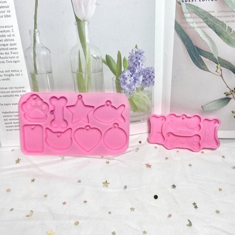 Glossy for Cat/Bone/Fish/Round Tag Keychain Silicone Epoxy Resin Mold DIY Keychain Pendant Jewelry for Anniversary Gift
