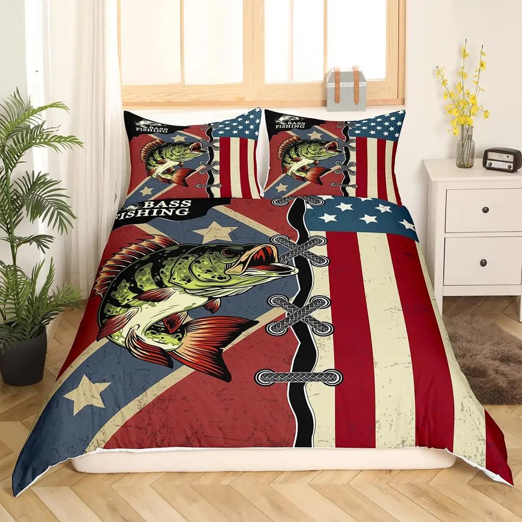 Premium Pike Fish Bedding Striped Bass Big Pattern Hunting And Fishing Themed Duvet Cover For Boys Bedroom Decorations For Teens