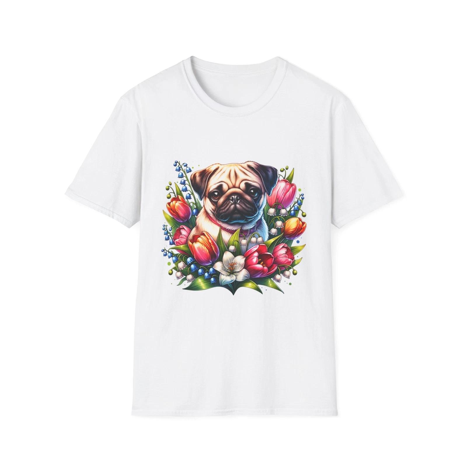Floral Pug T-Shirt, Cute Pet Lover Gift, Casual Everyday Tee, Dog Lover Apparel, 3XL