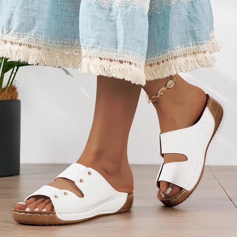 

Fashion 2025 New Ladies Shoes Open Toe Women s Slippers Fashion Casual Summer Plus Size Rivet Best Seller Comfortable Wedge Slippers 43