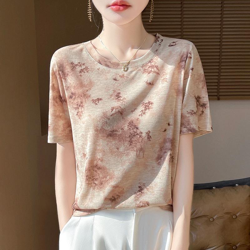 Women's New Summer Tie-dye Ink Painting Short-sleeved Casual Versatile Thin Positive Shoulder Round Neck T-shirt