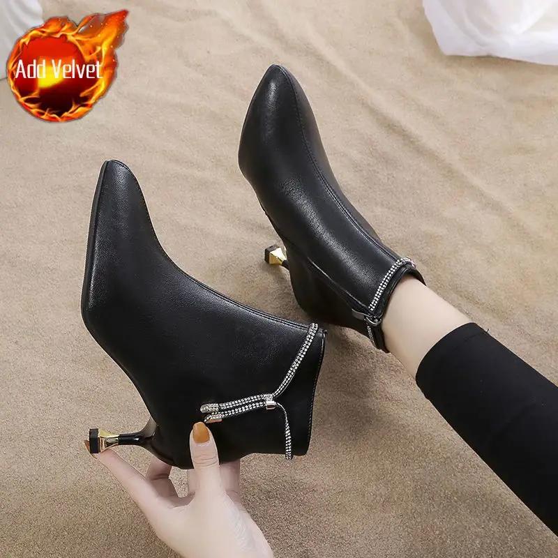 Fashion Ankle Boots for Women Heeled Fur Autumn Winter Leather Booties Designer Luxury Comfortable and Elegant Sale Pu Woman Short Shoes