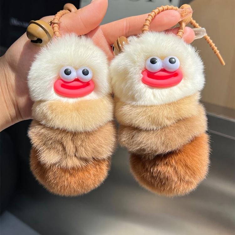 

[Caterpillar] Cute Rex Rabbit Hair Car Keychain Pendant Plush Doll Doll Book Bag Pendant Gift кавовий