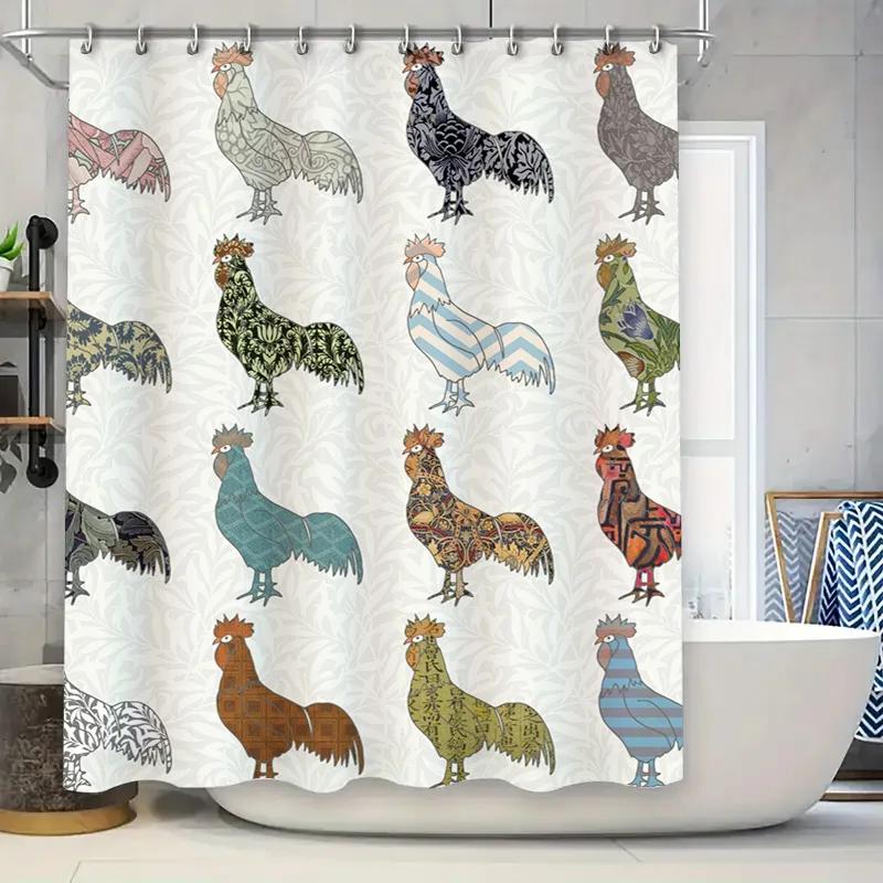 

Rustic Farmhouse Decor: Handcrafted Rooster Pattern Shower Curtain For Bathroom Decoration – White Background With Blue, Green, W60H190(CM)-1 Pcs