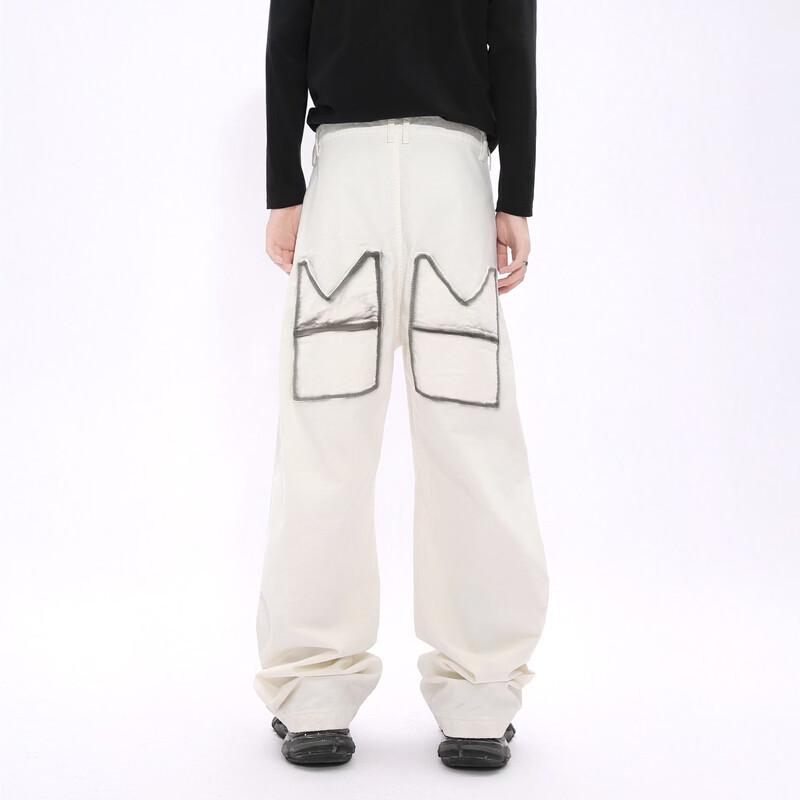VOGUO RELAY Unisex Graffiti Outline White Wide-Leg Jeans S