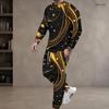 Men Plus Size Black Blue Green Printed Round Neck Long Sleeve Top Cuffed Pants Two Piece Set