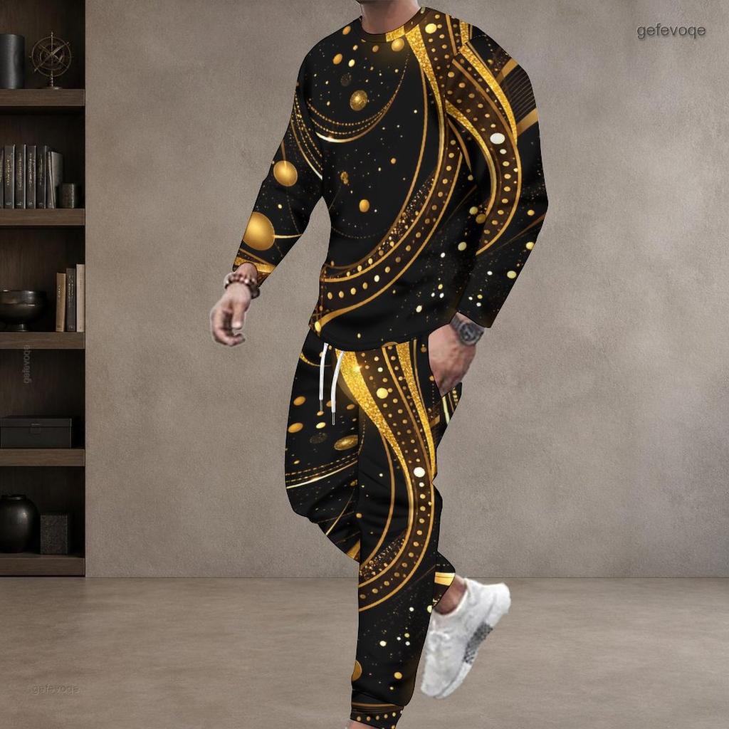 Men Plus Size Black Blue Green Printed Round Neck Long Sleeve Top Cuffed Pants Two Piece Set