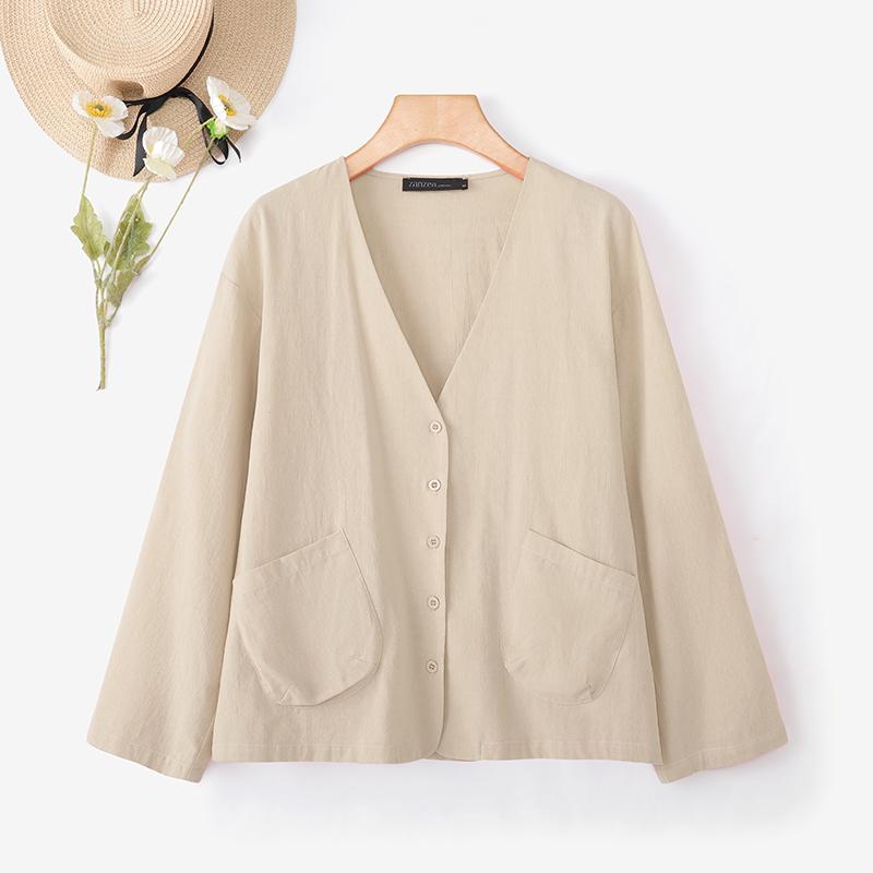 ZANZEA Women Casual V-Neck Loose Long Sleeve Cotton Blouse