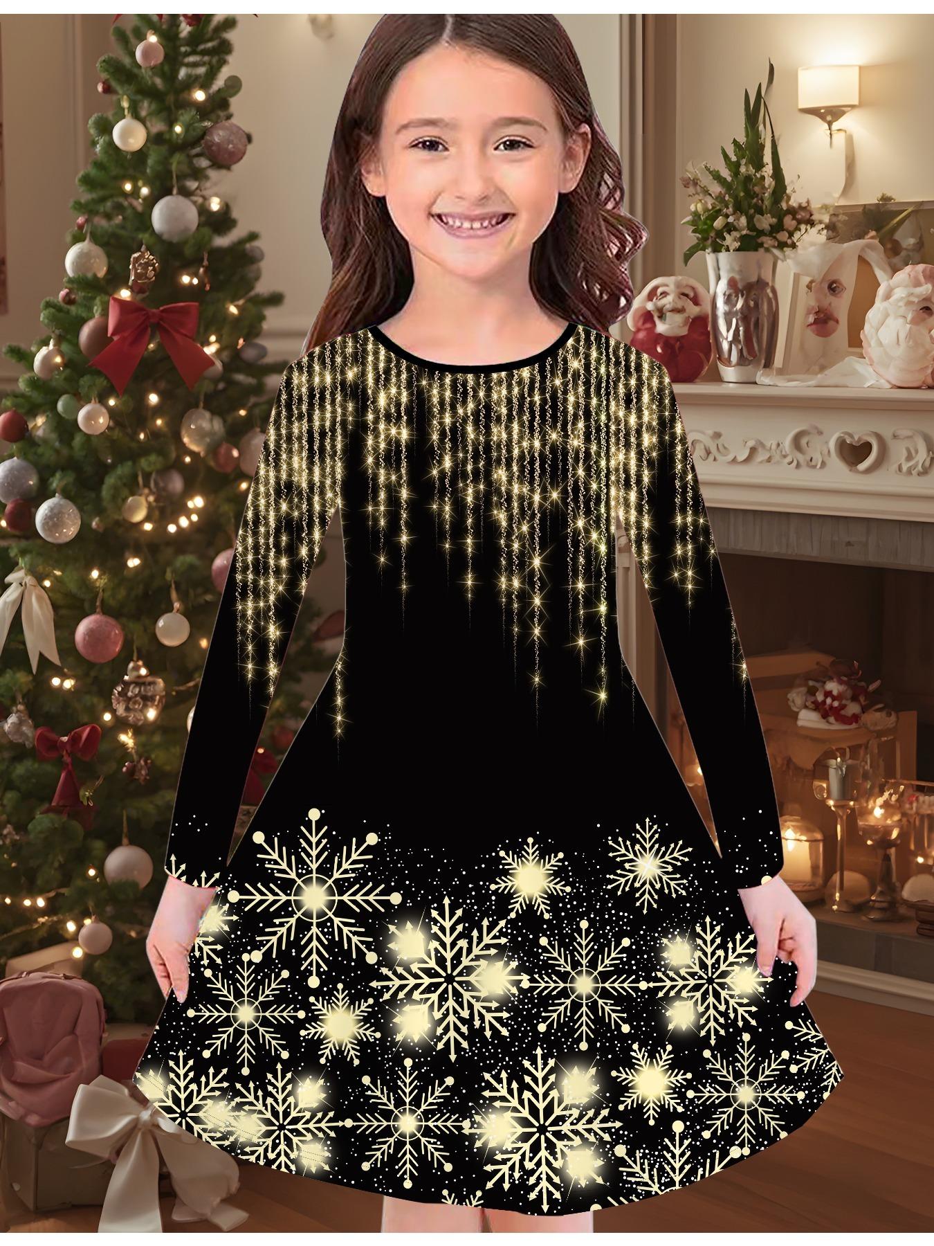 

Модное осенне-зимнее платье для девочек, 3D Рождественский принт, Круглый вырез, Длинное детское платье-футболка, Повседневное универсальное, Рождественская одежда 170 золотой