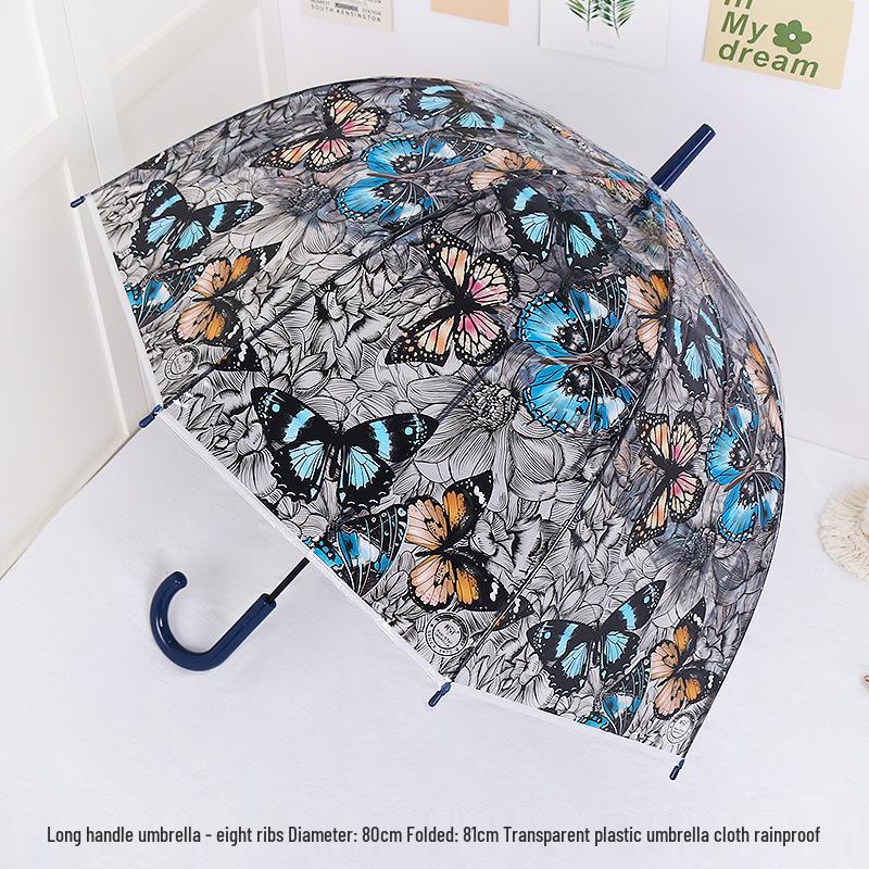 Japanese Forest Style Transparent Cherry Blossom Umbrella with Arched Long Handle for Students