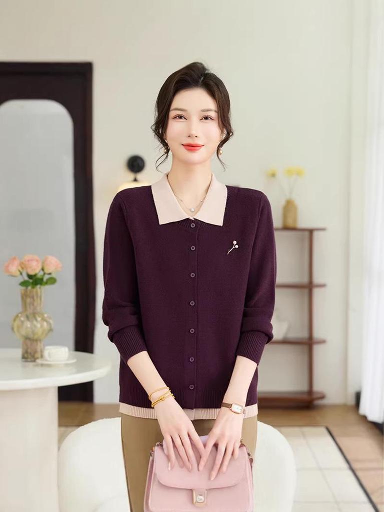 Chic Red Lapel Sweater for Women, Ideal for Spring/Autumn, Knitted Cardigan, Faux Two-Piece Design for Middle-Aged Style.