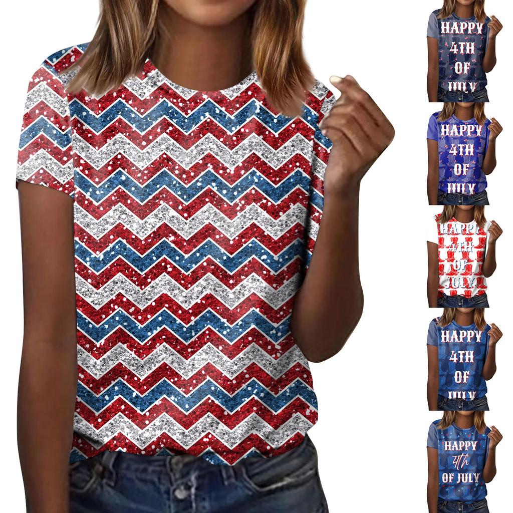 Women's Fashion Casual Independence Day Printed Round Neck Short Sleeve T-Shirt Top