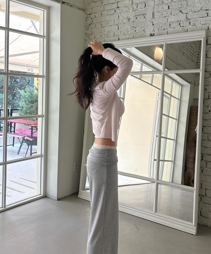 ALIENAR Lace Trim Silhouette Folding Pants (Gy)