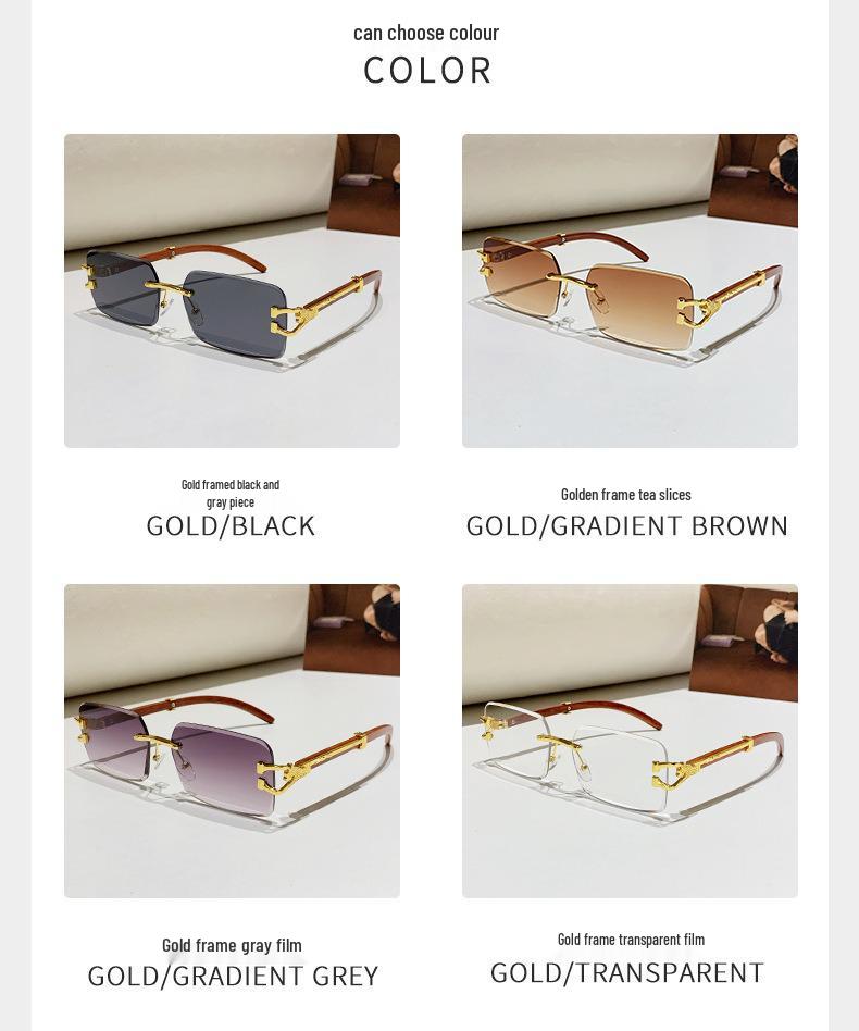 2026 Frameless Faux Wood Grain Leopard Head Men's Square Sunglasses with Leopard Temple.