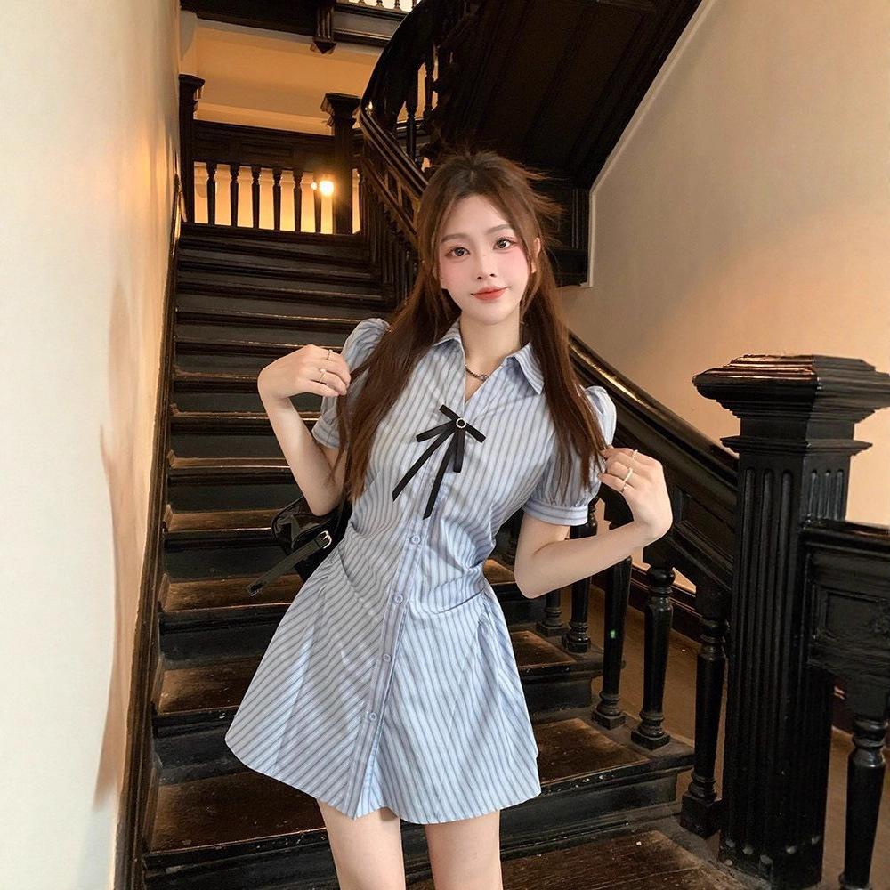 College Style Suit Waist Thin Skirt Striped Shirt Dress Women's Summer High Waist Shorts Fashion Two-piece Set