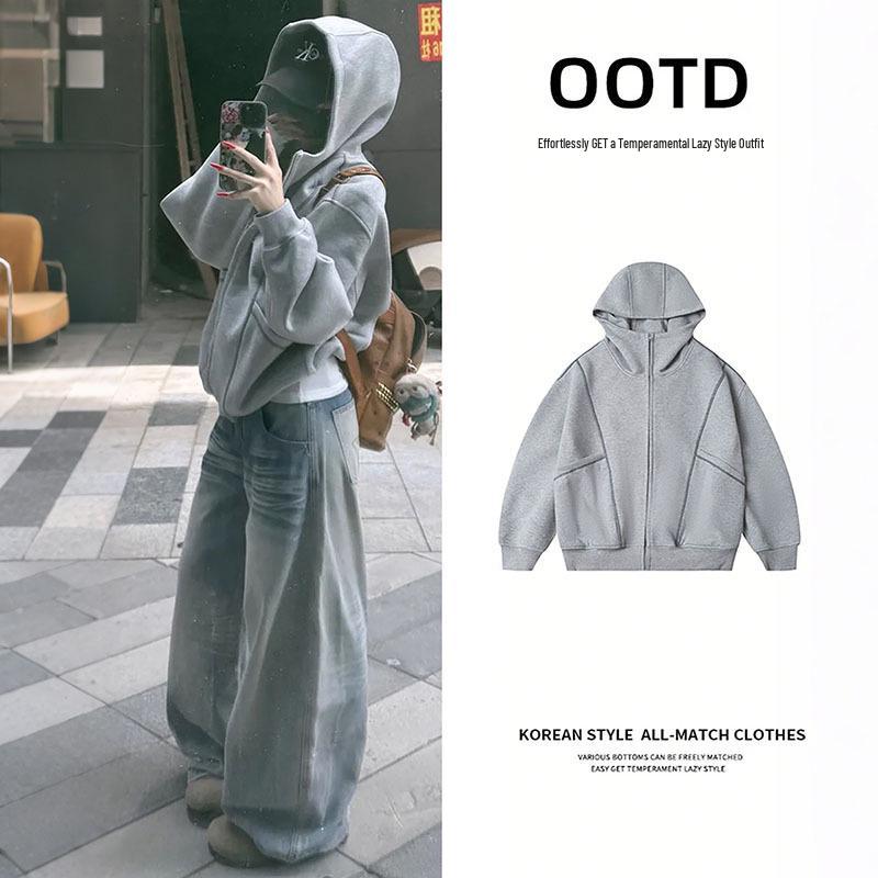Women's Gray Sweatshirt Jacket - 2025 Early Autumn/Winter Korean-Style Petite Versatile Commuter Outfit