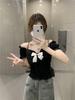 Women's Slim Fit Black Bow Shoulder Cropped T-shirt