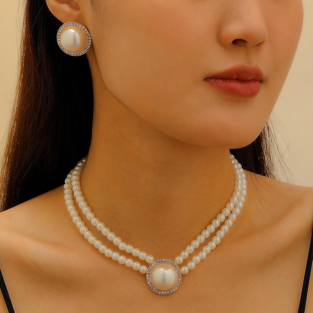 Women's High-End European & American Jewelry Set: Double-Layer Pearl Choker, Clavicle Necklace, Bracelet & Earrings