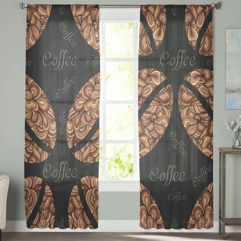 Coffee Beans Sheer Curtains for Living Room Transparent Tulle Window Treatments Bedroom Kitchen Home Decor Veil Drapes