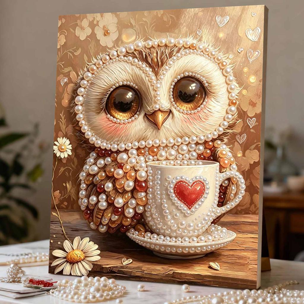 Framed Pearl Bead Painting Kit Cute Owl with Coffee Cup DIY Shiny Canvas Art Relaxing Craft Gift for Craft Lovers Home Decor 12345