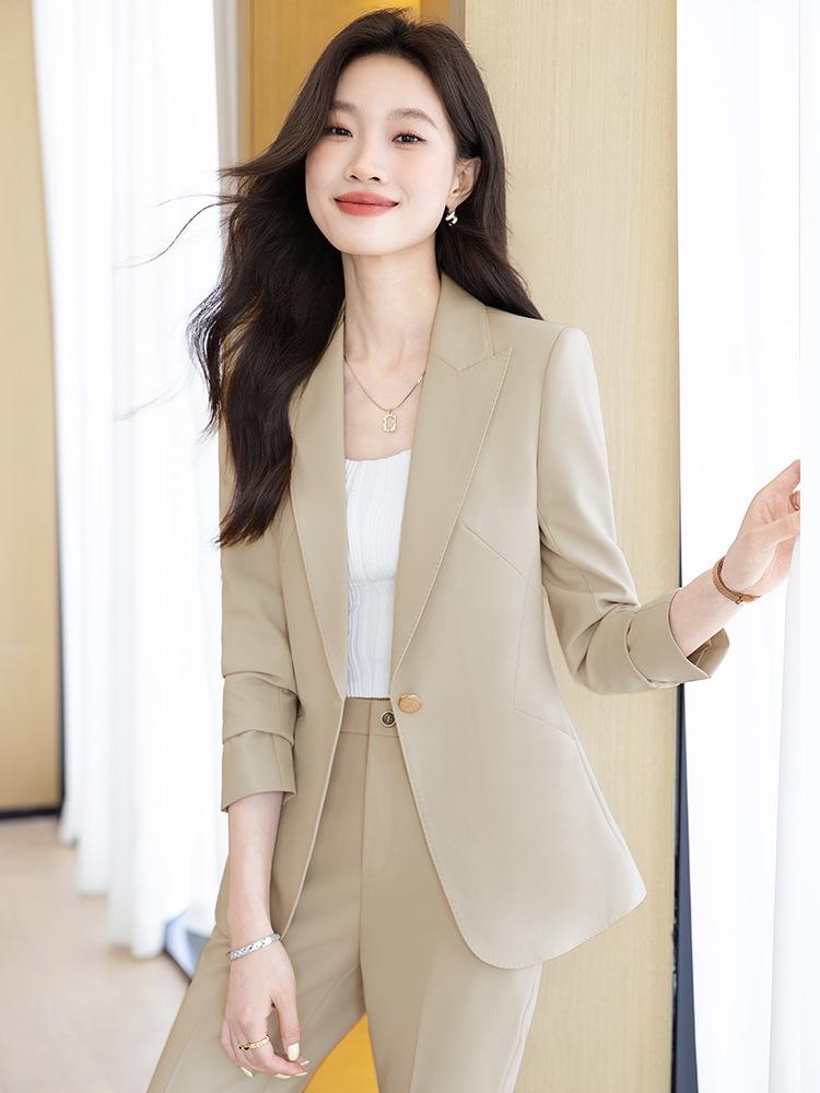 Women's Single-Breasted Navy Blue Long Sleeve Suit Jacket - Professional Spring/Autumn Formal Wear for Managers