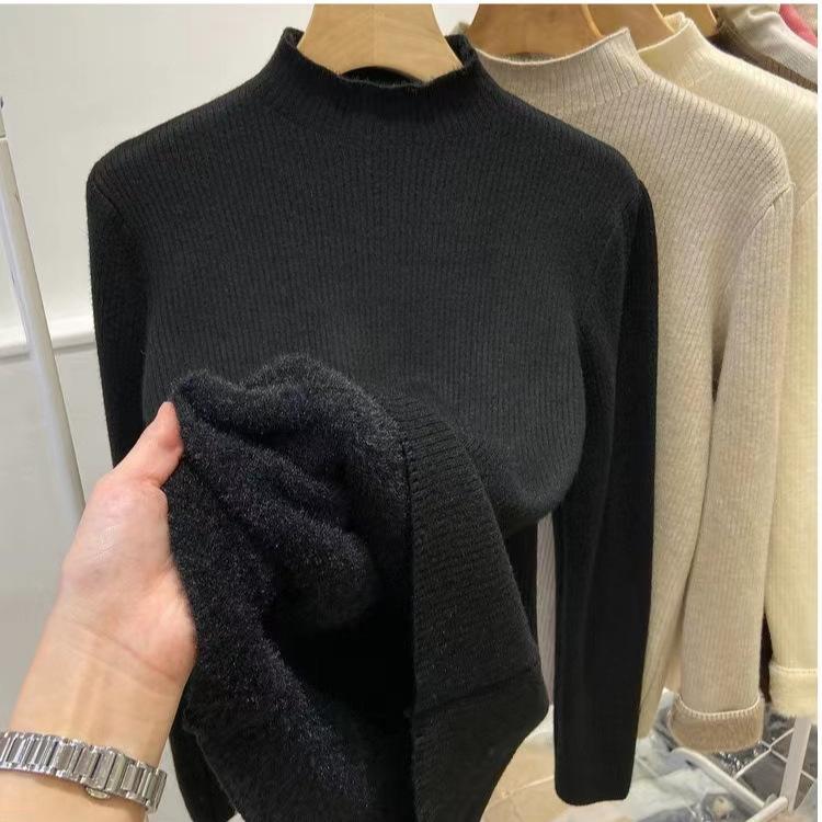 Women's Autumn Winter Half-High Neck Sweater Fleece-Lined Thickened Integrated Fleece Knit Top Warm Inner Wear Base Layer