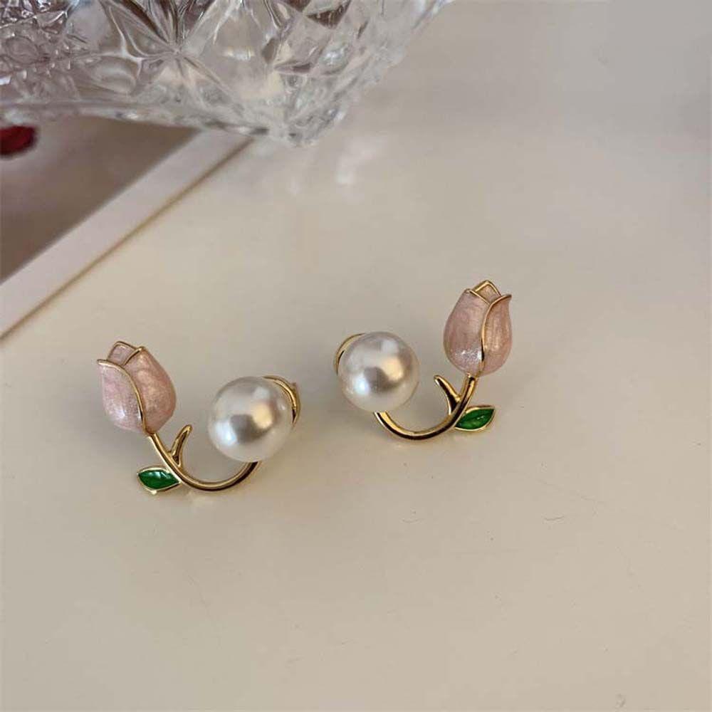 Girls Gift Imitation Pearls Pearl Ear Hook Tulip Earrings Women Pearl Studs Flower Ear Studs