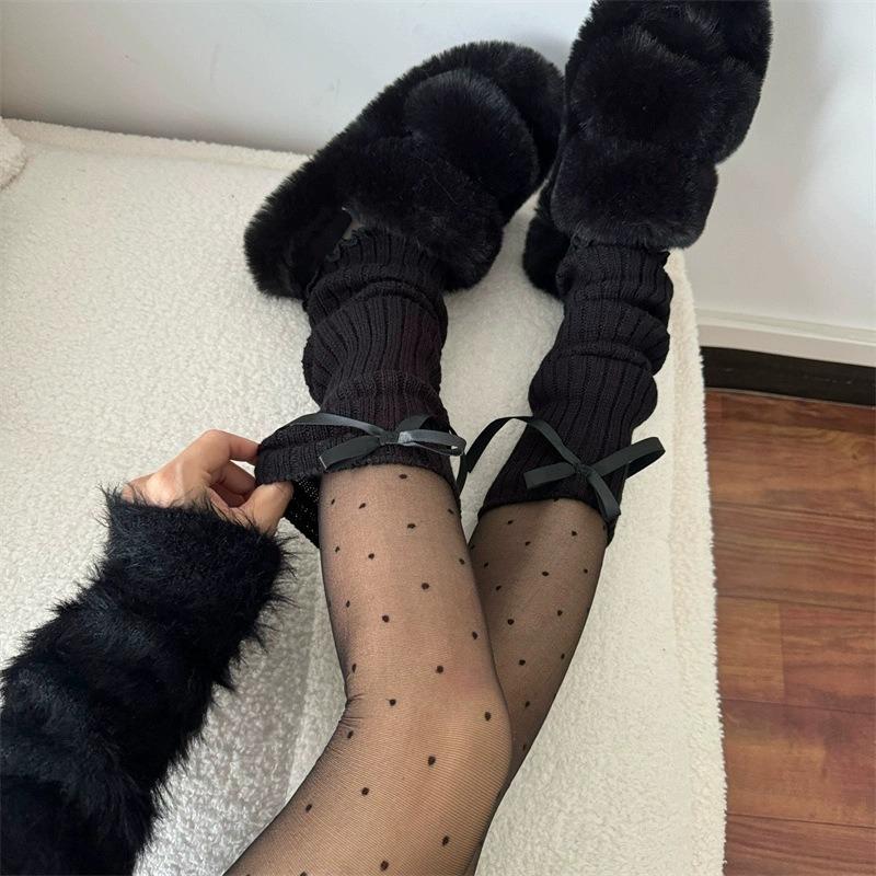 Lady Spring Bow Ribbon Knitted Stripe Pure Desire Preppy Calf Pile Stocking