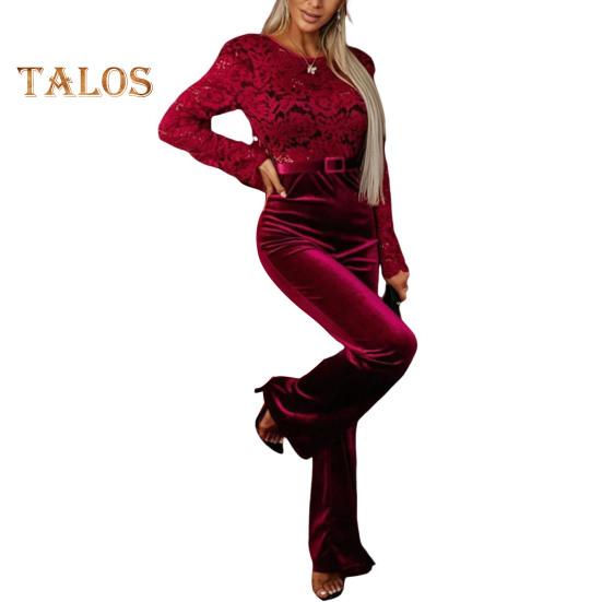 

Женский комбинезон с поясом, ажурным кружевом, цветочной вышивкой, круглым вырезом, длинными рукавами, облегающий крой, с открытой спиной, для клубной вечеринки, цельный наряд M красный