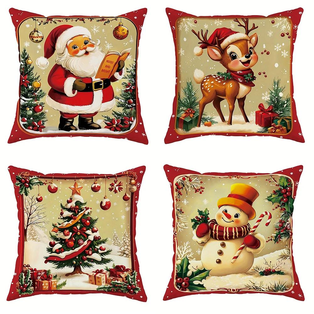Christmas Decoration Pillowcase New Year Gift Santa Claus Fawn Snowman Pattern Home Room Decoration Sofa Cushion Cover