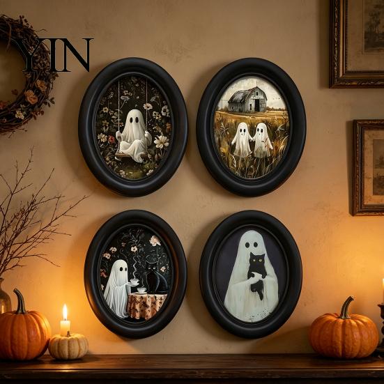 Vintage Style Halloween Decor Ghost Wall Art, Cute Table Sign, Oval Framed Dark Academia Picture, Decorative Art for Mantel Living Room Bedroom