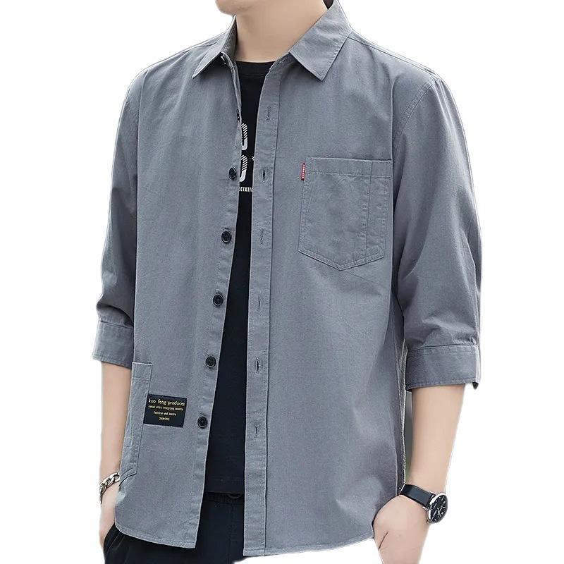 Summer Three-quarter Sleeve Shirt for Men, Thin Hong Kong-style Casual Workwear, Short-sleeved Shirt Coat, Loose