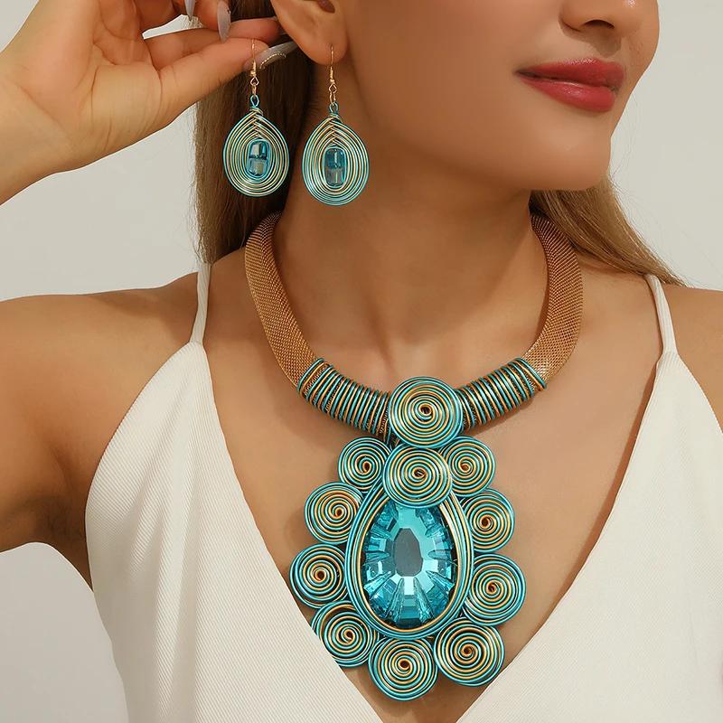 Women Water Drop Crystal Necklace Earrings Handmade Aluminum Wire Woven Jewelry Party Wedding Bridal Gift
