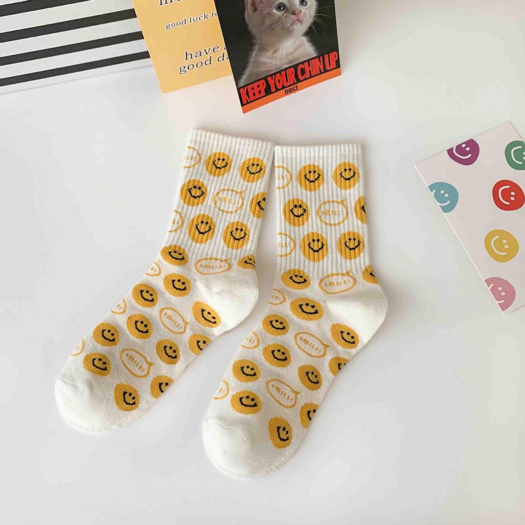 Korean Smiley Face Women's Mid-Calf Socks, Cute Japanese Style, Internet Trend, Pure Cotton for Spring, Autumn, Winter