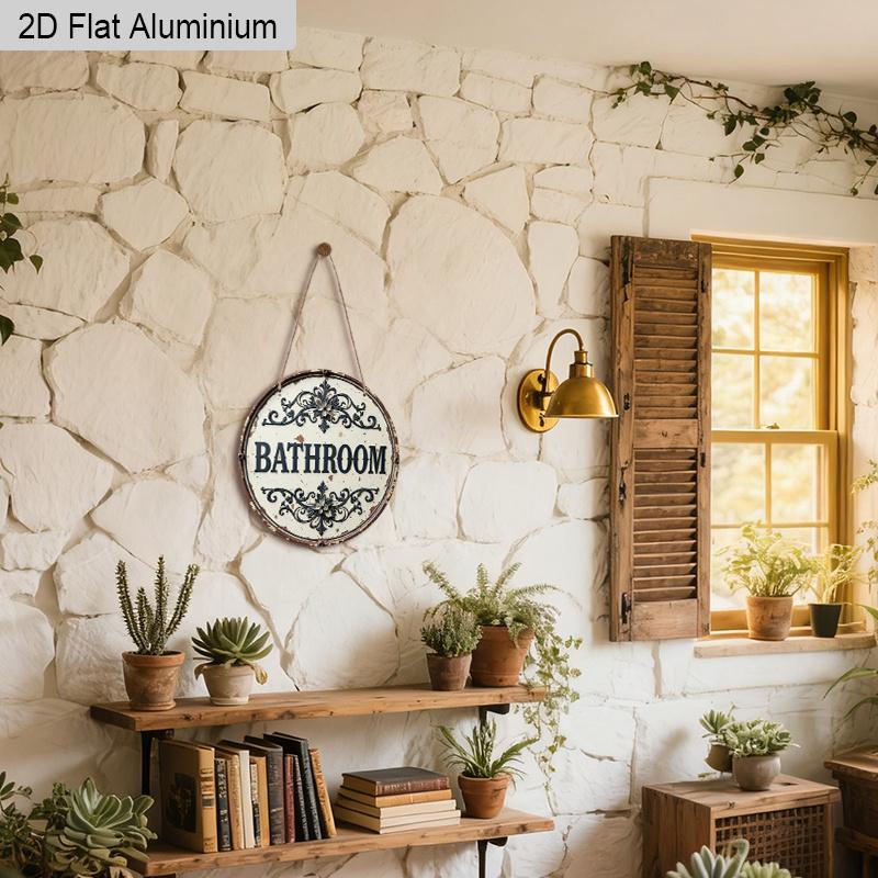 2D Flat Aluminum Rustic Bathroom Sign for Door - Vintage Farmhouse Wall Decor, Round Aluminum Metal Hanging Plaque, Shabby Chic Faux Embossed
